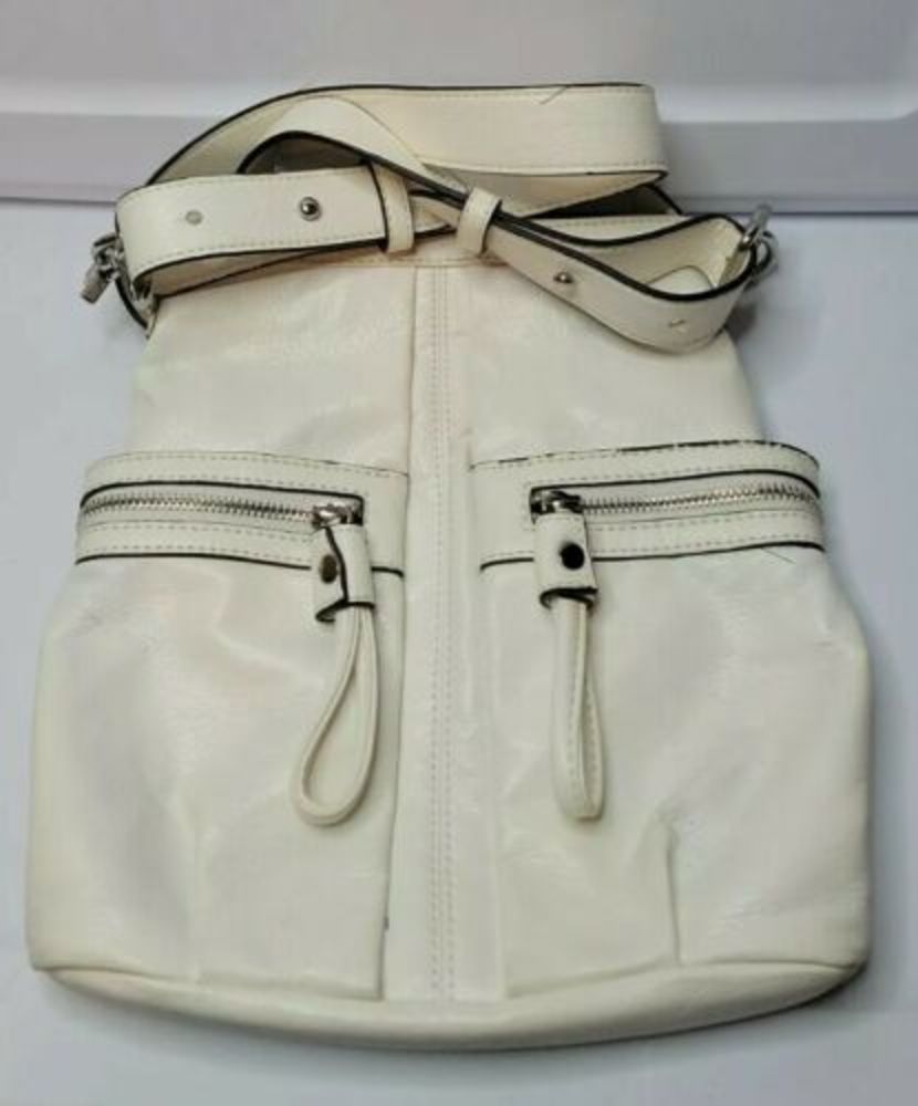 London Fog Cream Purse w Zipper Detail Crossbody Shoulder Bag Adjustible Strap